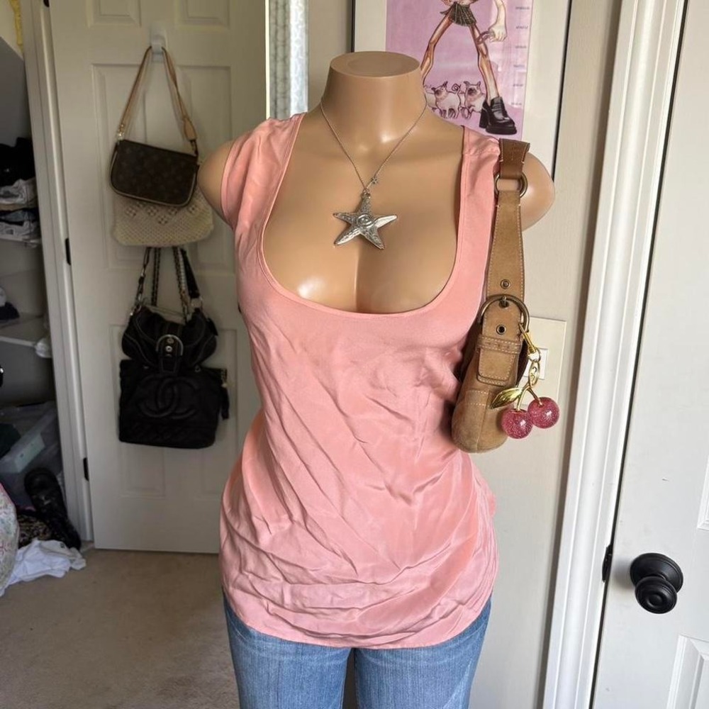 y2k 2000s silk pink ruched scoop neck tank top